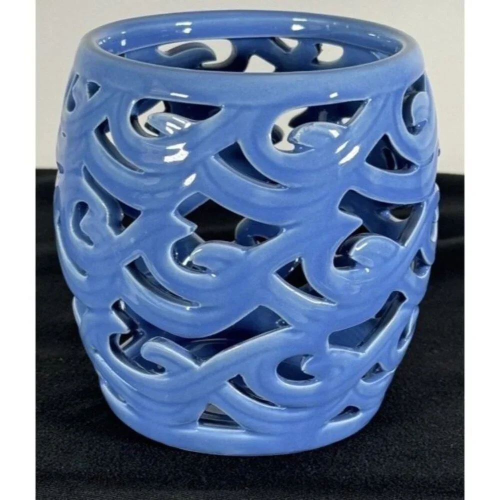 Partylite Waves Blue Votive Holder, Retired Coastal Glass Candle Holder NIB